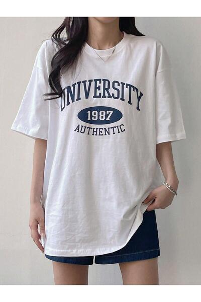 GENIUS STORE Tricou de damă Tricou lung imprimat Tricou oversize din bumbac UNIVERSITATE-FEMEIE