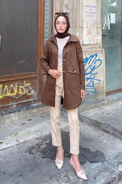 lamelif قميص بني مرير بجيب مزدوج