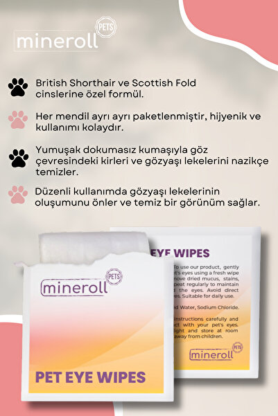 Mineroll Pets Kedi Göz Temizleme Mendili, British Shorthair Ve Scottish Fold Için, Serum Fizyolojik, 100 Adet