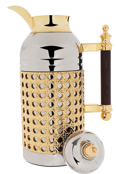 Alsaif Gallery Sarah Nickel Dark Wooden Thermos Set With Gold Handle, Two Pieces