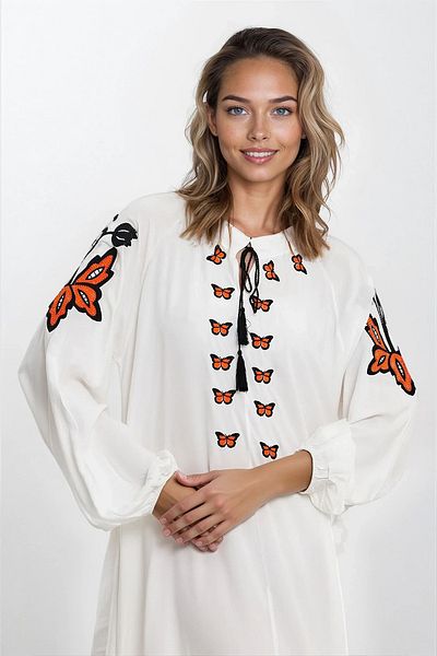 VAGGON Γυναικείο Λευκό Φόρεμα με Ελαστικά Μανίκια με Πέτο με Φούντες Plus Size Vs00355