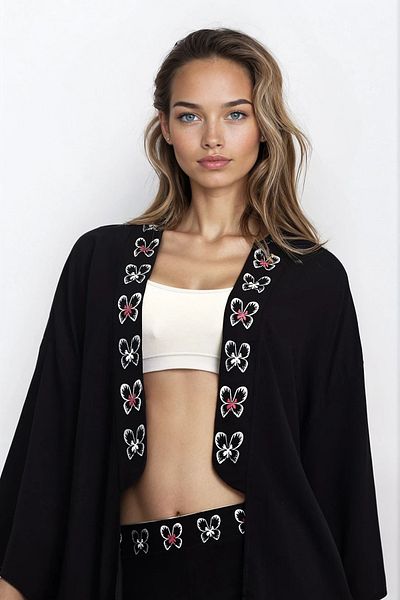 VAGGON Kimono cu model negru pentru femei și pantaloni dublu cu buzunare Set de top de mărime mare Vs00292