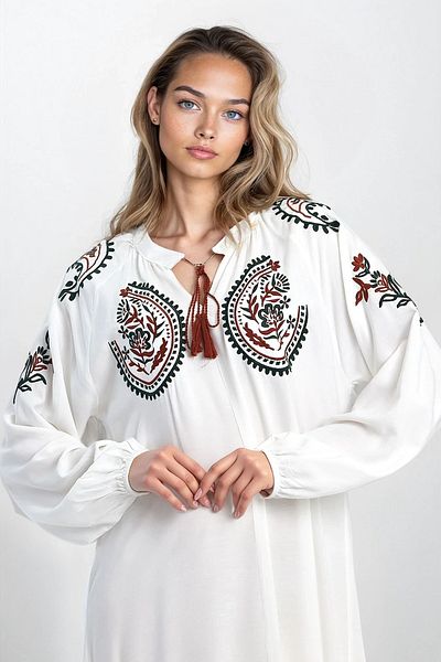 VAGGON Γυναικείο φόρεμα με λευκό δέσιμο με λεπτομέρεια κεντημένο μεγάλου μεγέθους βισκόζης Vs00322