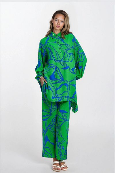 VAGGON Set cămașă cu guler tunica cu jumătate de plăcuță și pantaloni cu talie elastică Plus Size