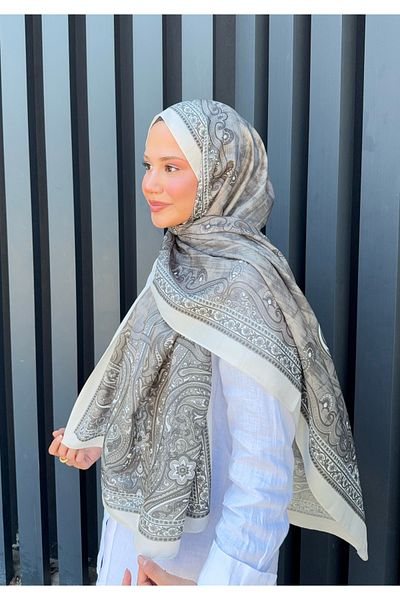 Mira İpek Retro Pattern Cotton Shawl Smoked White