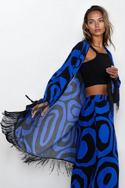 VAGGON Kimono Saks pentru femei cu ciucuri, talie elastică și buzunare duble, set de sus și de jos de mărime mare Vs00351