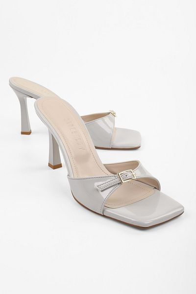 Shoeberry Women's Vionne Gray Patent Leather Belted Heeled Slippers