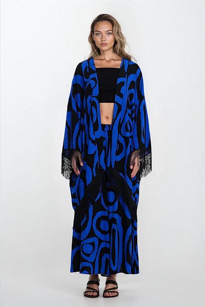 VAGGON Kimono Saks pentru femei cu ciucuri, talie elastică și buzunare duble, set de sus și de jos de mărime mare Vs00351