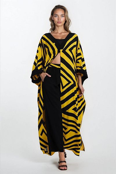 VAGGON Pantaloni galbeni de damă cu buzunar dublu și un set de kimono la gât Vs00350