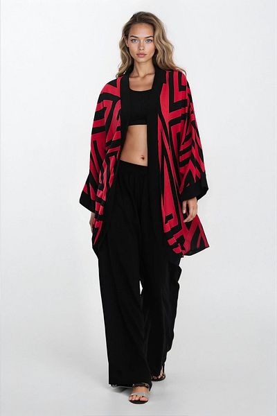 VAGGON Pantaloni roșii de damă cu buzunar dublu și talie elastică și set de 3 piese kimono Vs00294