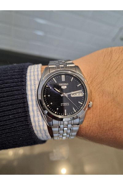 Seiko 5- Automatic Navy Blue Dial Calendar Steel Bracelet 3 Atm Waterproof Men Wristwatch
