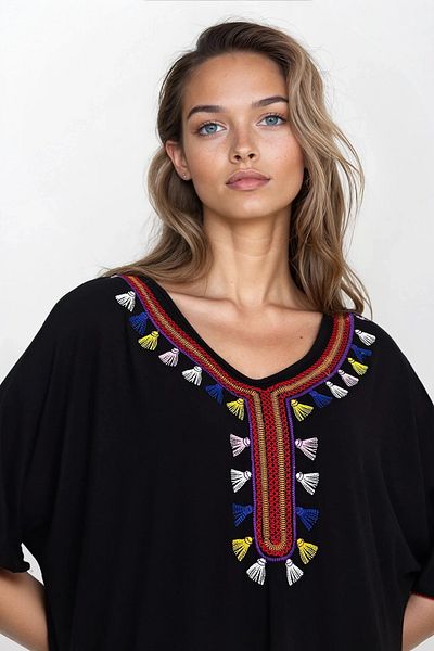 VAGGON Γυναικείο Μαύρο Ethnic Κεντημένο Φόρεμα Plus Size με λεπτομέρεια Vs00290