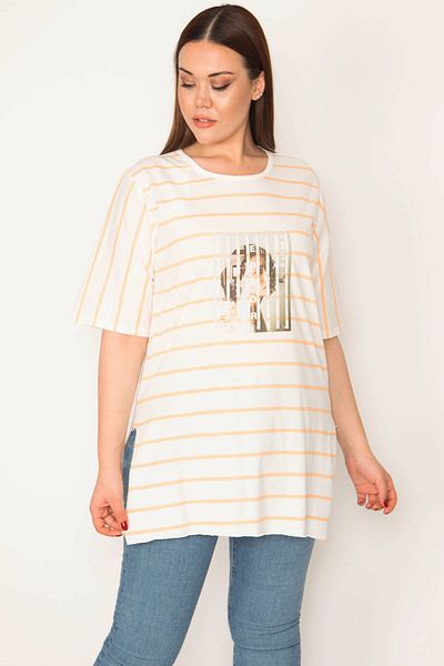 Şans Women's Plus Size Orange Digital Printed Striped Side Slit Blouse 65n32972