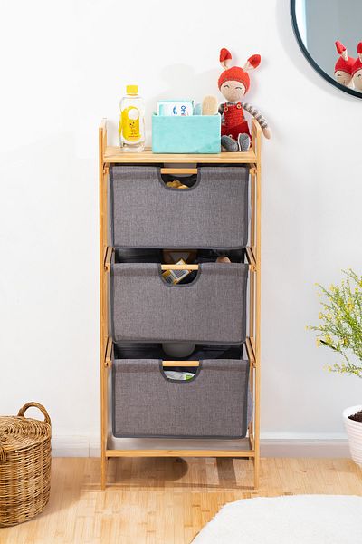 Porsima 2059 3 Tier Drawer Cabinet Wooden Bamboo Leg Organizer Toy Basket Bathroom Kitchen Organizer