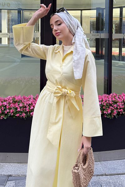 Tesettür Diyarı Women's Spanish Sleeve Tie Detail Dress - Yellow
