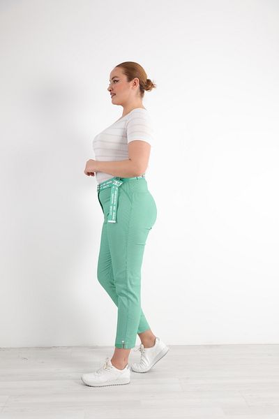 EXİTLİNE Women's Summer Striped Fabric Belted Green Trousers