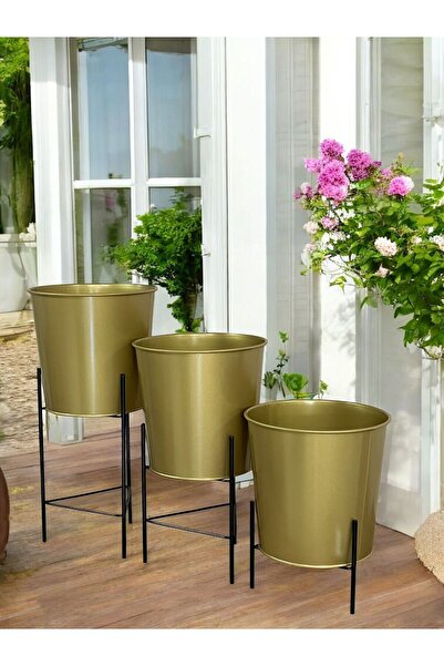 metalshop 3 Boy Altın Renkli Ayaklı Çiçek Ve Bitki Saksısı 22 CM Çap