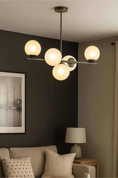 Modavize Roman Modern Design Living Room Dining Room Kitchen Gray Color White Glass Row 5-Piece Chandelier