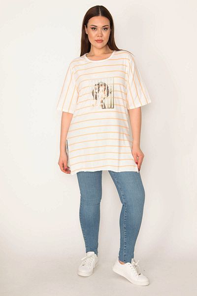 Şans Women's Plus Size Orange Digital Printed Striped Side Slit Blouse 65n32972