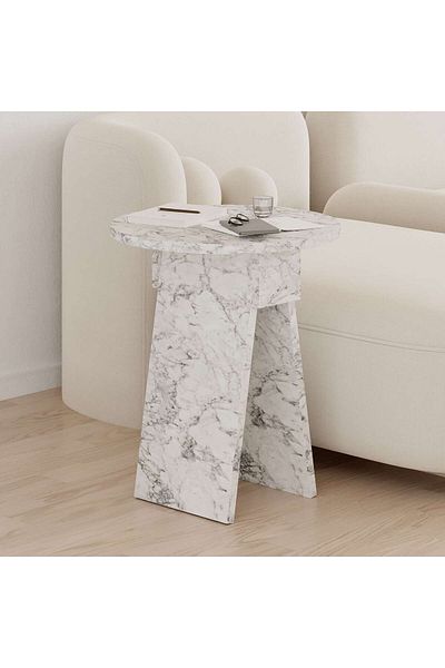 Mourah Home Modern Chen Side Table White Marble Round Shape Living Room