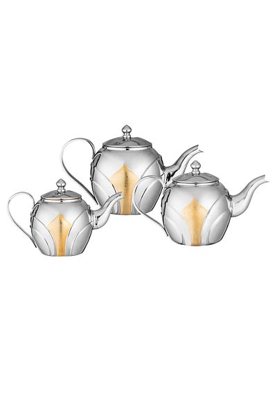 ALSAIF Excellence Teapot Set 3 Pieces Made Of High Quality Stainless Steel With Golden Decor (1200-900-700)
