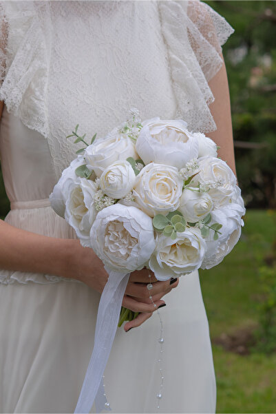 FilizKonuk Gelin Buketi, Nikah Çiçeği Kırık Beyaz Yapay Şakayık Gül Okaliptüs...