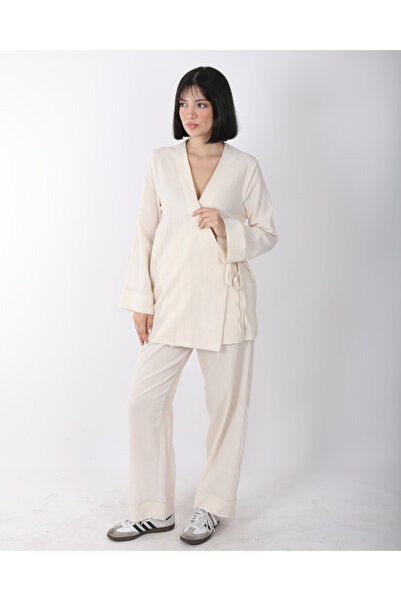 deqfashion Bej Pamuklu Kruvaze Yaka Belden Bağlamalı Kimono Bilek Pantolon İk...