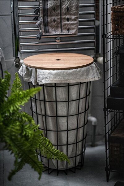 TOPRAK E-TİCARET Metal Sehpa Tel Çamaşır Sepeti Çok Amaçlı Dekoratif Kumaşlı ...