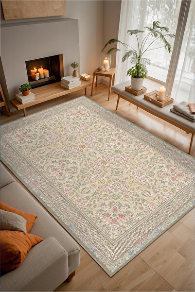 Nesar Floral Pattern Cotton Based Washable Anti-Slip Antibacterial Chenille Living Room Rug