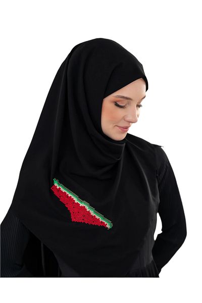 Zaytoon Polyster Black Color Shawl Palestinian Map Embroidered with Watermelon Colors S100033