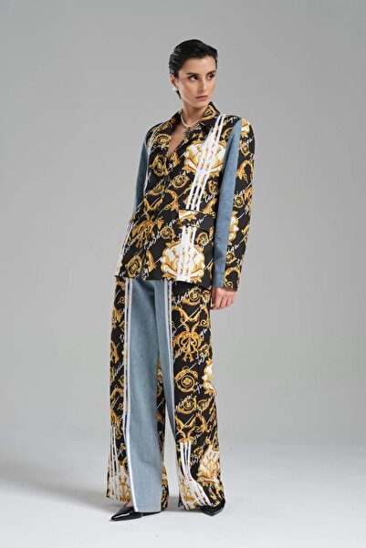 tw3 Țesătură din denim cu modele baroc pentru femei, cu design cu fante, blug...