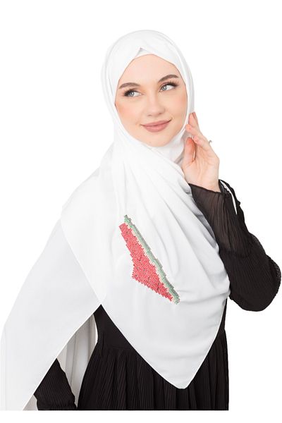 Zaytoon Şal alb din poliester - Harta Palestinei, brodat Carabelası S 100031