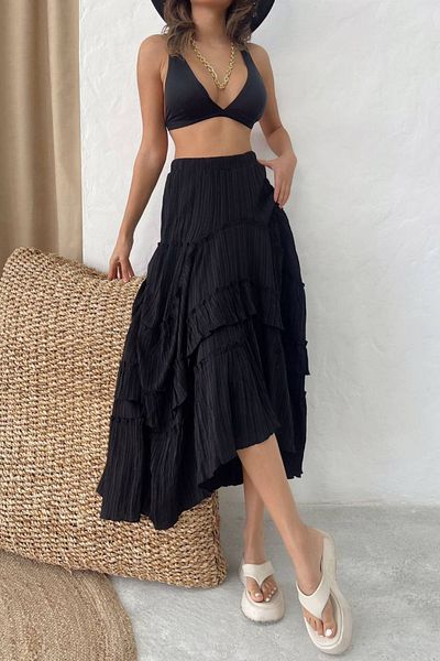 Nana & Mayka Moda Nana Mayka Fashion Fusta lungă cu volane negru Seersucker pentru femei – căptușită, fără interior, vară, cu volan, 3001