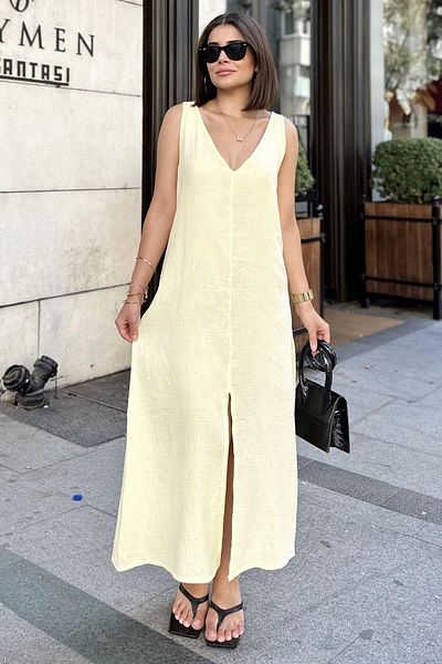 NEW LAVİVA Rochie de damă din muselină galbenă cu decolteu în V - 700-3419