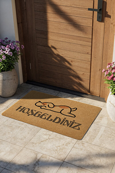 Cotto Home Coco Entry PS028A Köpekli Hoşgeldiniz Desen Kalın Kaymaz Taban Nem Alıcı Şık Kapı Önü Paspası