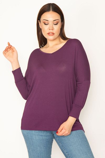 Şans Women's Plus Size Plum V-Neck Long Sleeve Basic Blouse 65n32855