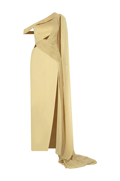 cercis Tek Omuz Drapeli Pelerinli Uzun Abiye Elbise