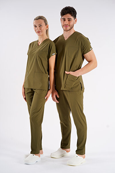Lion Üniforma زي طبيب غرايز موديل ليكرا للممرضات من الكاكي للجنسين بأكمام الخ...