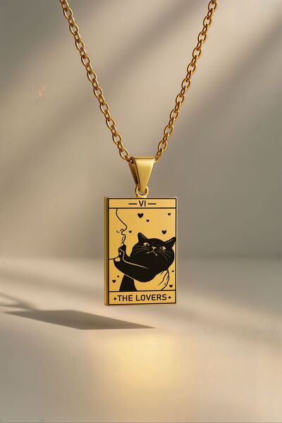 ArtinArt Tarot Kedi The Lovers - Aşıklar Kartı 316l Paslanmaz Çelik Altın Kolye