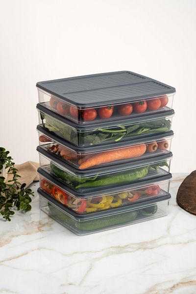 Evrio 6-Piece Anthracite (6 X 2400) ml Refrigerator Organizer Microwave and Freezer Suitable Ice Cabinet Storage Container