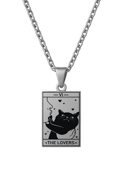 ArtinArt Tarot Cat the Lovers - Lovers Card 316L Stainless Steel Silver Necklace