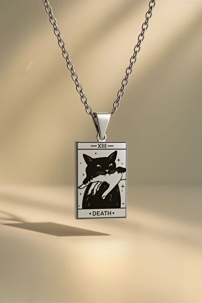 ArtinArt Tarot Kedi Death - Ölüm Kartı 316l Paslanmaz Çelik Gümüş Kolye