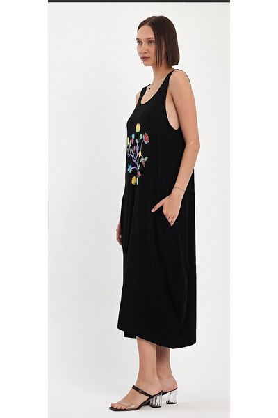 atelyu Women's Black Printed Midi Length Summer Casual Dress with Front