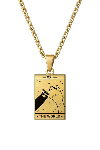 ArtinArt Tarot Cat the Wold - World Card 316L Stainless Steel Gold Necklace