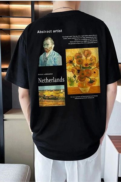 ufukmoda Unisex Van Gogh Netherlands Printed Black Oversize Crew Neck T-Shirt