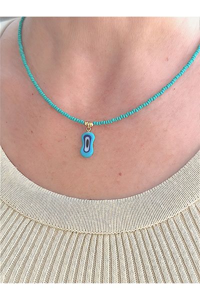 Quella Takı Lake Coating Flat Evil Eye Sand Beads Gold Necklaces