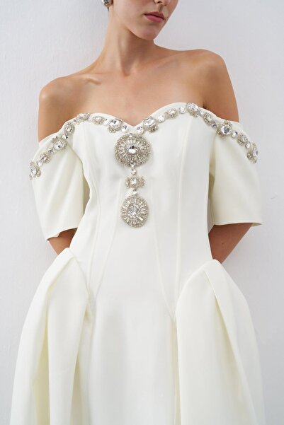 cercis Taş işlemeli Düşük Omuz Pileli Midi Abiye Elbise