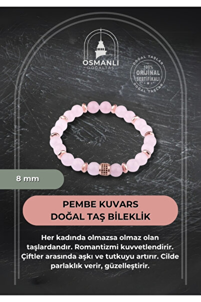 OSMANLI DOĞAL TAŞ Sertifikalı Pembe Kuvars-doğal Taş Bileklik-8mm B624