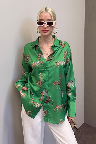 Madmext Mad Girls Leopard Green szatén ing Mg187