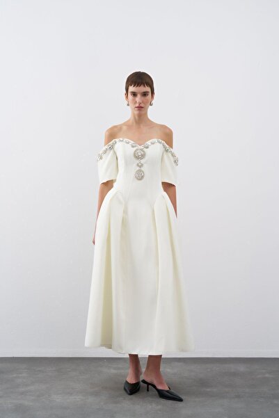 cercis Taş işlemeli Düşük Omuz Pileli Midi Abiye Elbise